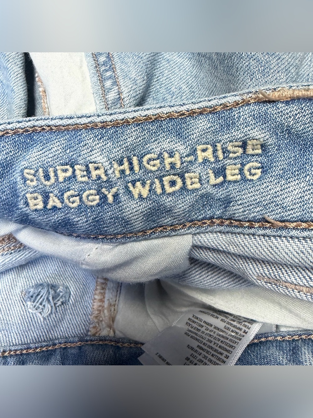 American Eagle Super High Rise Baggy Wide Leg Jeans Womens 16 Cargo Blue Stretch - Picture 8 of 10